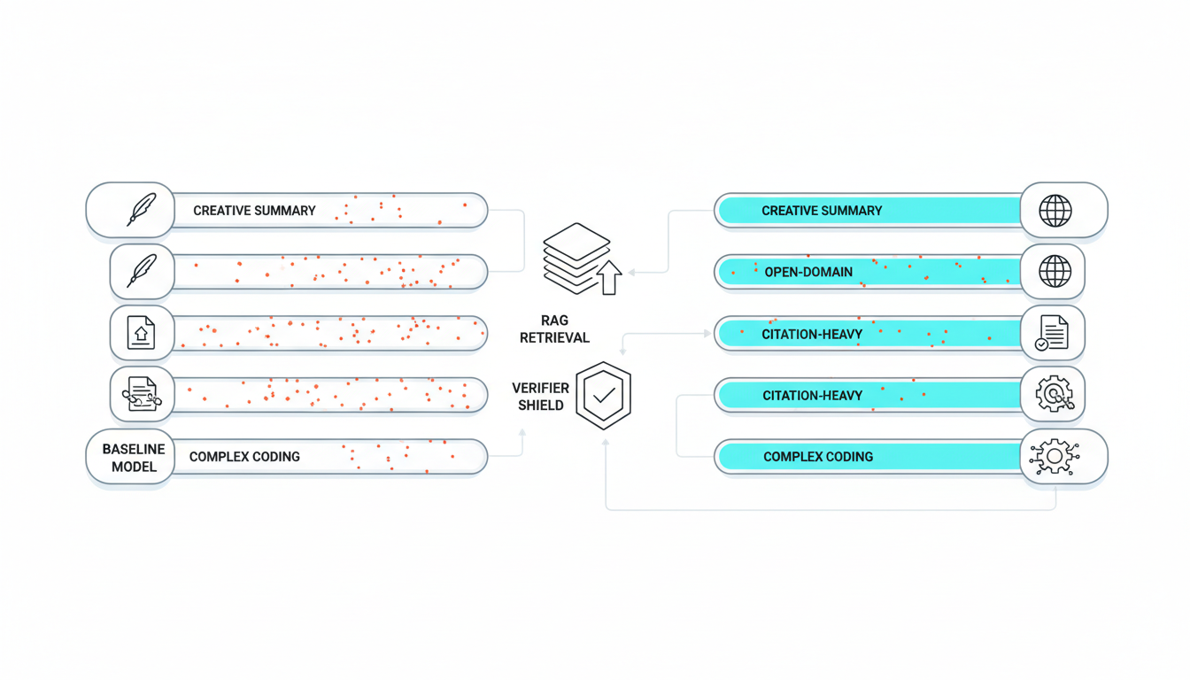 Isometric technical illustration of a two stage AI content pipeline on a white background Left side shows a baseline model n